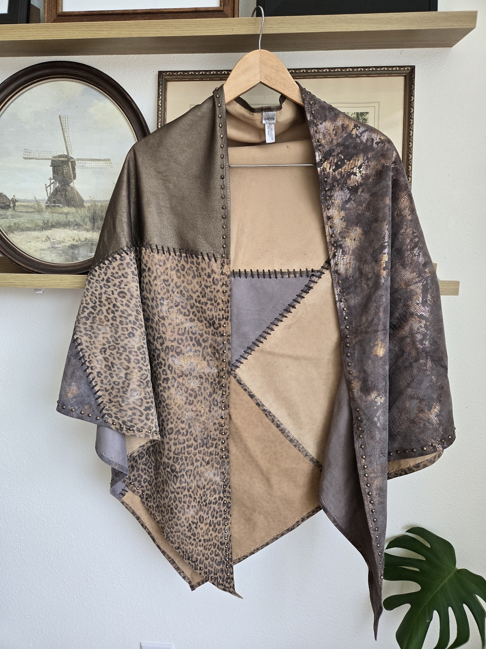 Chico's 100% Leather Patchwork Leopard Shawl Poncho | OS